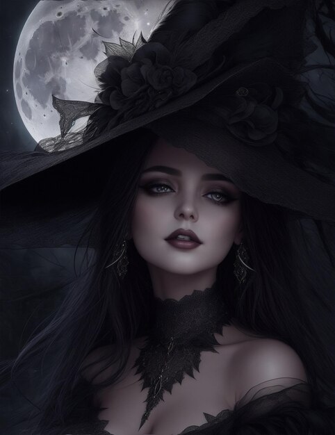 A halloween witch on bright giant moon background attractive halloween witch portrait generative ai