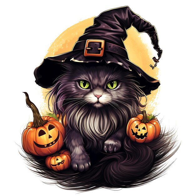 Хэллоуинская ведьма кошка акварель Клипарт