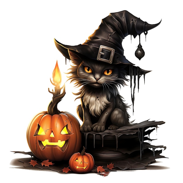Halloween Witch Cat Watercolor Clipart