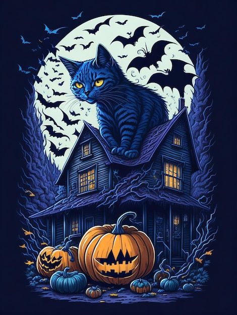 halloween witch cat with pumpkin vector illustration tshirt design ai generative
