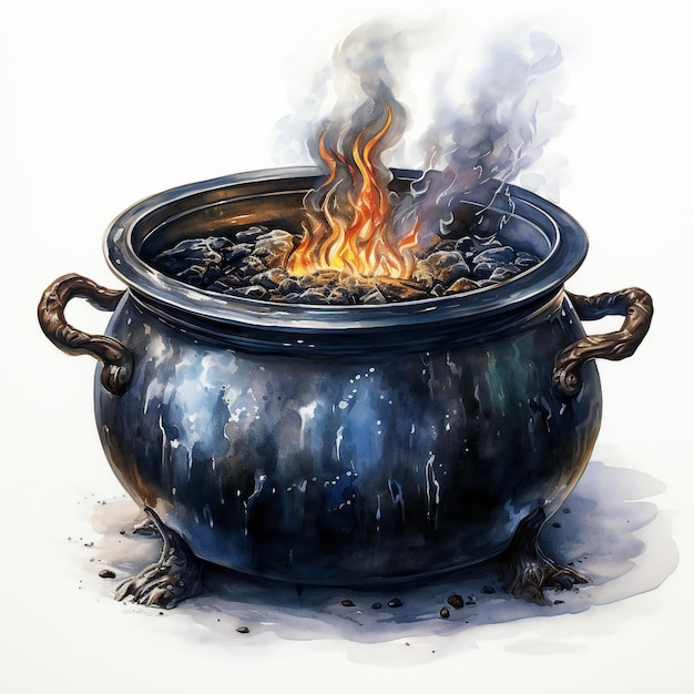HAlloween Witch Cauldron Fiery Pot in white BAckground Gothic