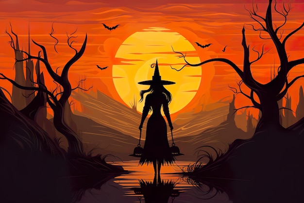Halloween Witch character silhouette style Ai generated