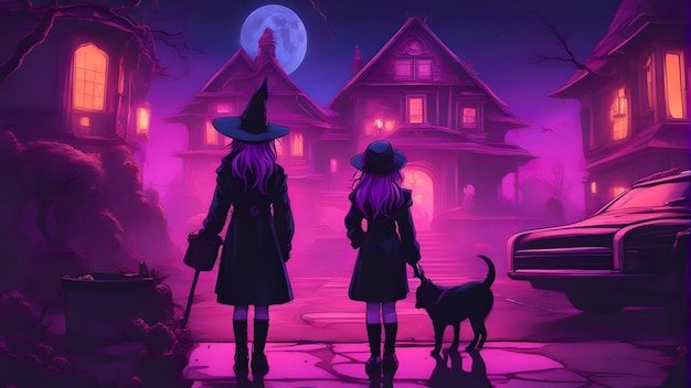 Halloween witch and dog in front of a haunted house illustration