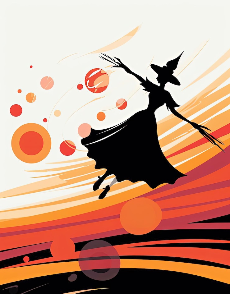 फोटो halloween witch flying on her broom stock in the style of mary blair
