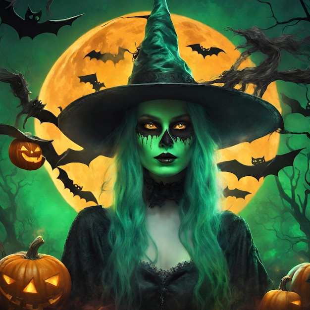 Halloween witch Green hair with Pumpkin ghost