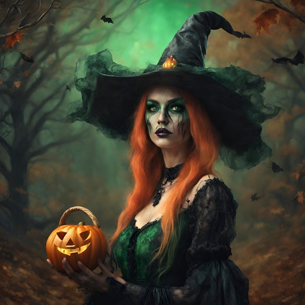 Halloween witch Green hair with Pumpkin ghost