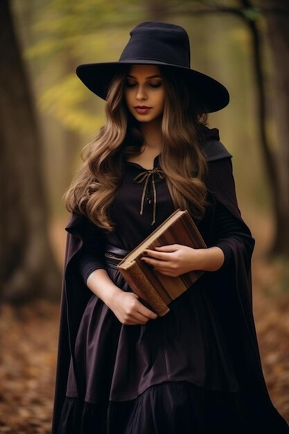 Photo halloween witch hold old book vintage style gothic dress purple hood cape long train fly flutter