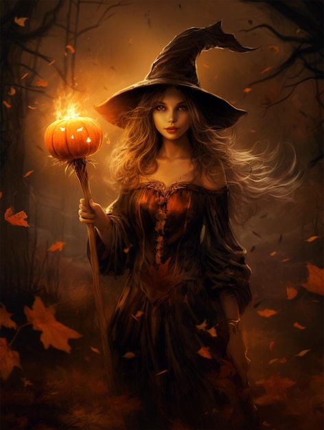 halloween witch holding a pumpkin and a broom