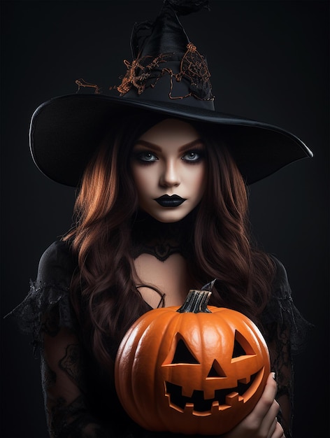 halloween witch holding a pumpkin and a broom