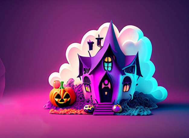 Halloween witch house background with colorful cloud