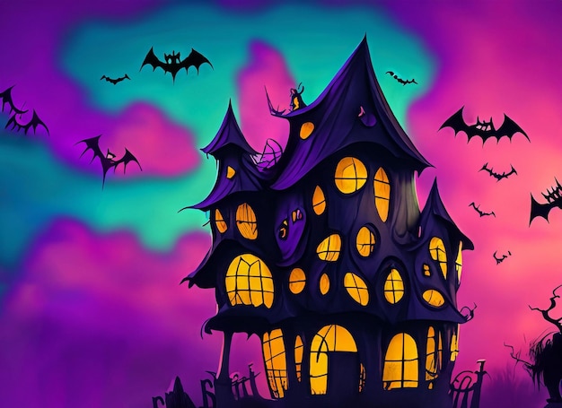 Halloween witch house background with colorful