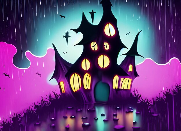 Halloween witch house background with colorful