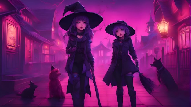 Halloween witch and little girl with a broom in the city