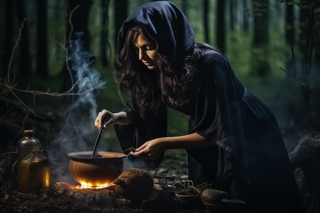 Halloween witch making witchcraft potion in enchanted forest Generative AI