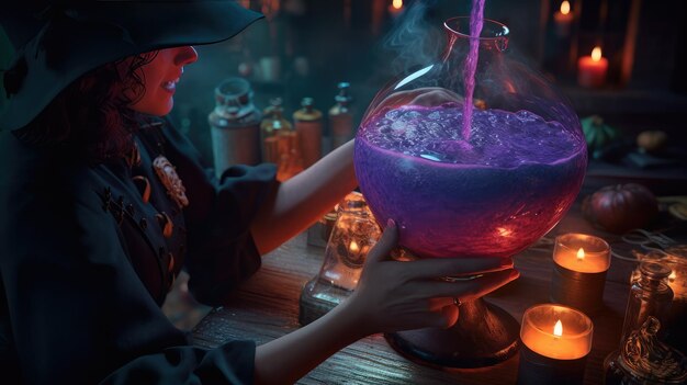 Halloween witch preparing potion in dark room Witchcraft concept