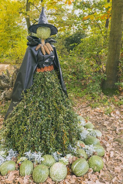 Halloween witch scarecrow with pumpkin head and hat autumn outdoor decoration Yard decor