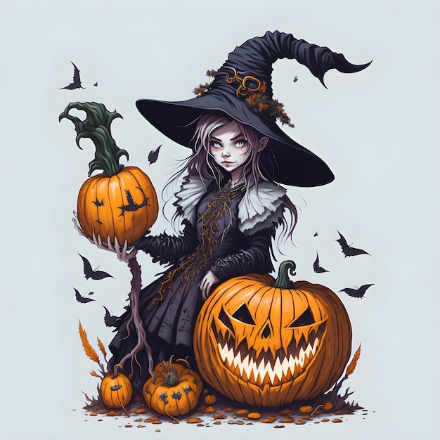 Photo halloween witch and scary pumpkin vector art illustration