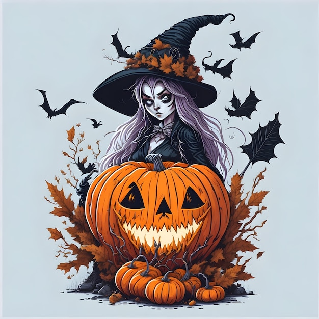 Photo halloween witch and scary pumpkin vector art illustration