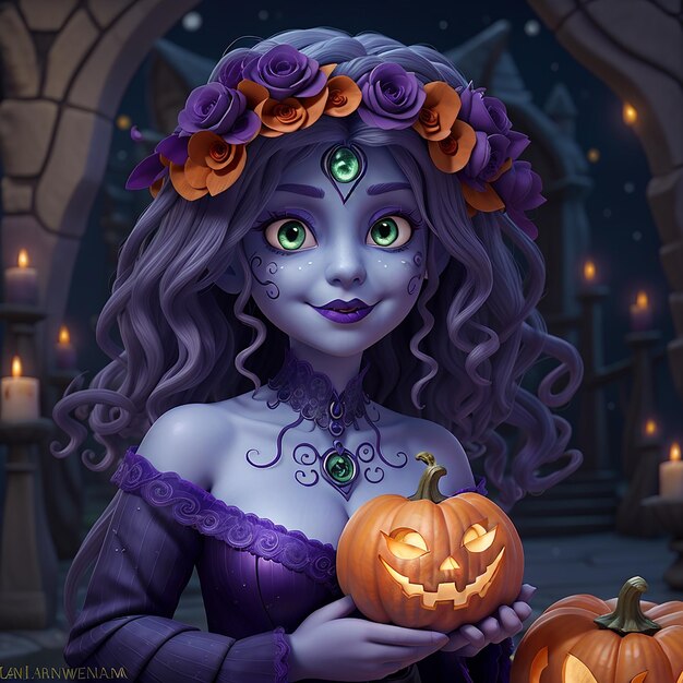 Halloween Witch Whit pumpkin Spooky Forest At Night