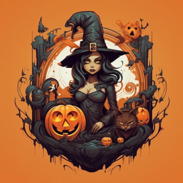 Foto la strega di halloween con il suo gatto e la zucca