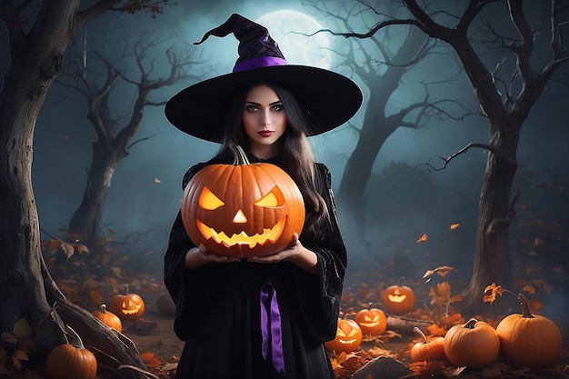 Halloween witch with a magic pumpkin