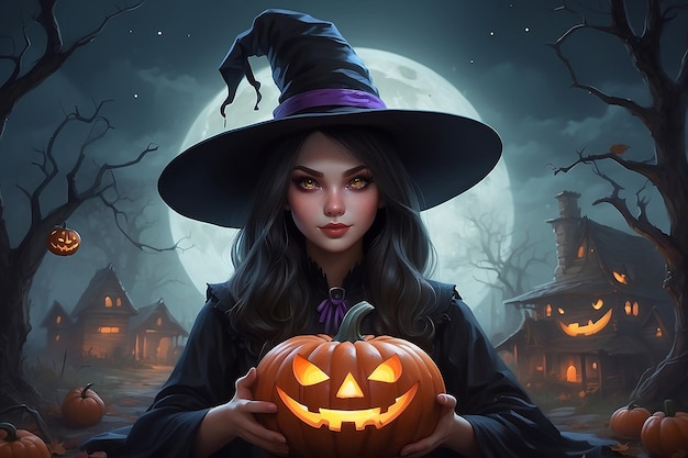 Halloween witch with a magic pumpkin