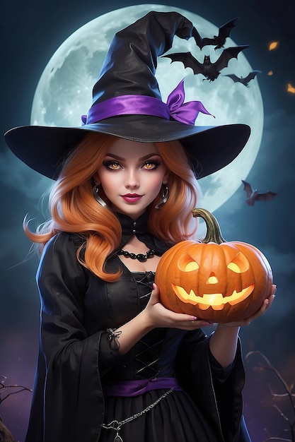 Halloween witch with a magic pumpkin