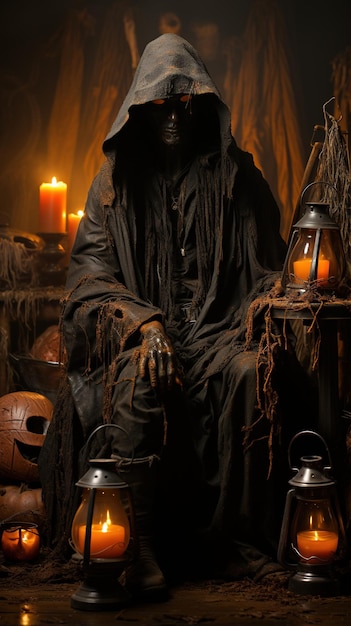 Фото Хэллоуинская ведьма с тыквенными фонарями и горящими свечами на темном фоне