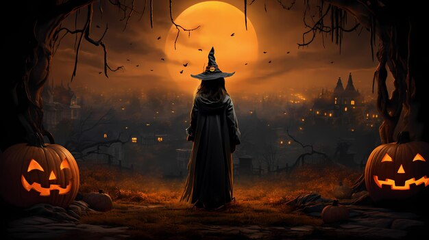 Foto la strega di halloween con le zucche