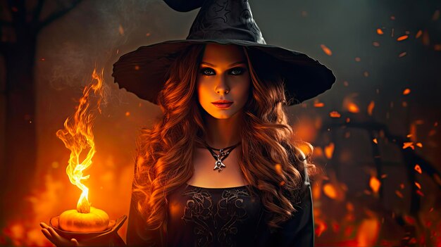Хэллоуинские волшебные заклинания Красивая ведьма Девушка в колпаке ведьмы Заклинание магии в жуткой темноте