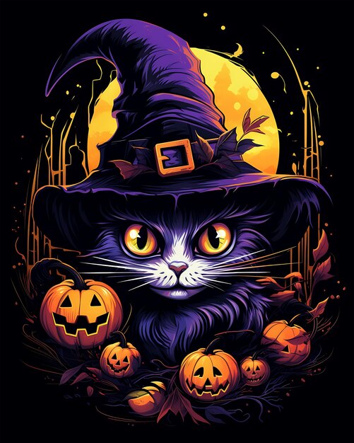 Фото Хэллоуин ведьмы страшная шляпа кот иллюстрация изолированный ужас клипарт черный фон