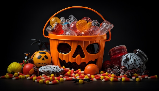 Halloween with candy in the halloween candy bucket in the style of tabletop photography