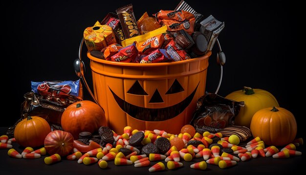 Halloween with candy in the halloween candy bucket in the style of tabletop photography