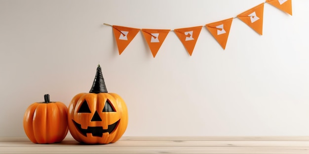 Halloween with one angry pumpkin Jack O with autumn leaves on the wooden plank in a white wall