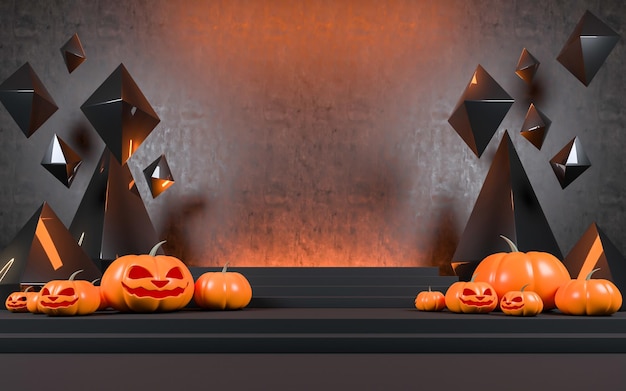 Foto halloween con la zucca e il rendering 3d del fondo di visualizzazione del prodotto sul piedistallo minimo vuoto