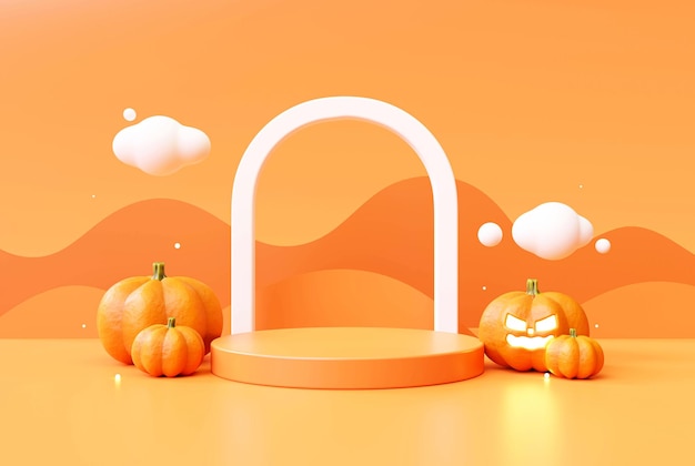 Halloween with pumpkin and modern podium pedestal product display background 3d illustration