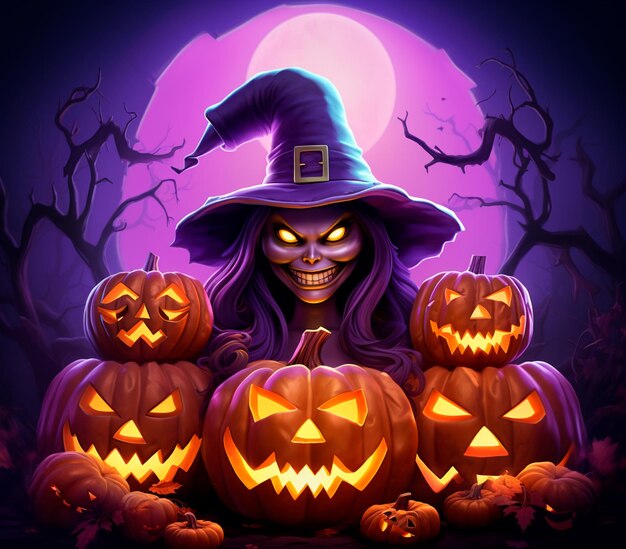 Halloween with a pumpkin overlay witch light purple eyecatching