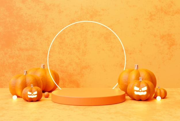 Foto halloween con piattaforma di visualizzazione del prodotto del piedistallo del podio della zucca per lo sfondo 3d del posizionamento del prodotto