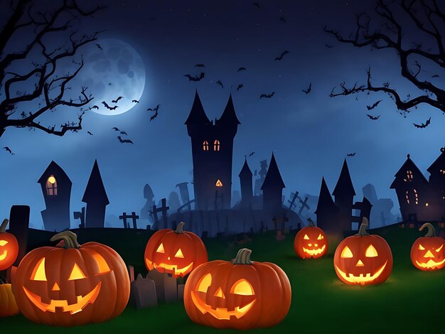 Photo halloween with scary pumpkins candle forest at night