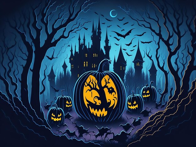 Halloween with scary tree pumpkin castle fantasy Halloween tree background