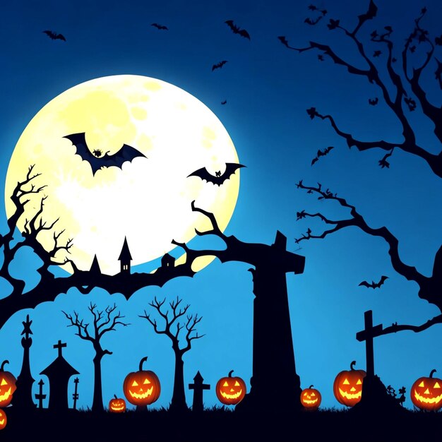Хэллоуин с силуэтом замка на светящейся луне и мертвыми деревьями возле кладбищенского креста Генератор Ай