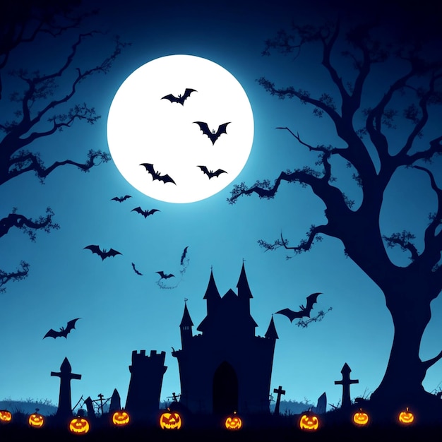 Хэллоуин с силуэтом замка на светящейся луне и мертвыми деревьями возле кладбищенского креста Генератор Ай