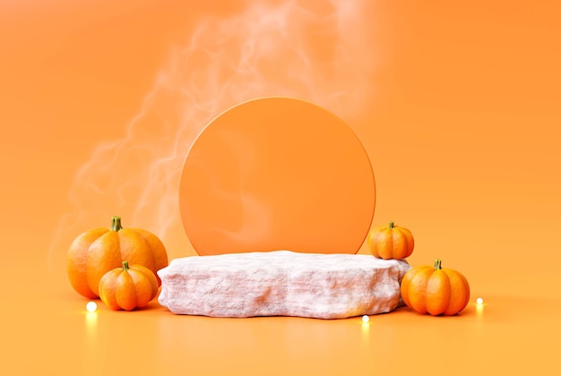 Halloween with smoke and pumpkin Stone podium pedestal product display background 3d illustration