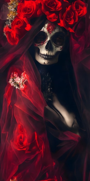 Foto halloween donna moster carta da parati teschio testa scheletro morte fiori rossi rosso stile messicano pieno