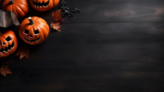 Halloween wooden background with pumpkins Space for text