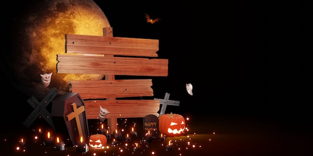 ハロウィーンの木製看板の背景カボチャ悪魔コウモリとスピリッツ3Dイラスト