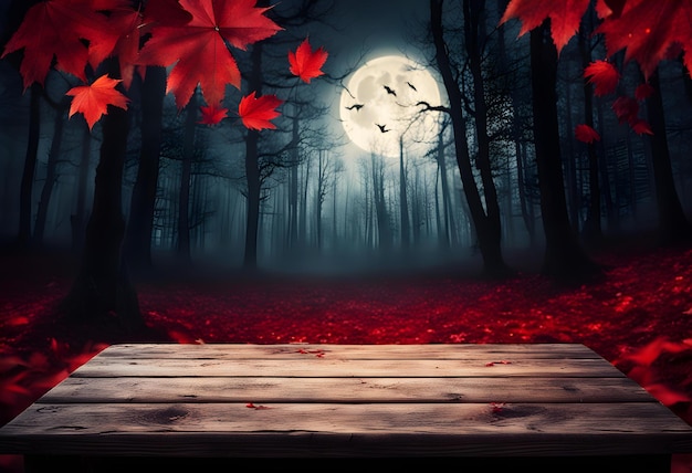 Хэллоуинский деревянный стол в жутком лесу по ночам