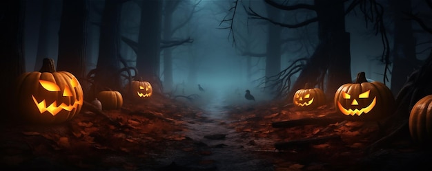 Halloween woods trees bats and pumpkins under full moon at night banner