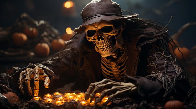 Скелет зомби Хэллоуина с тыквой в руке, сидящий на кладбище ночью с полной луной