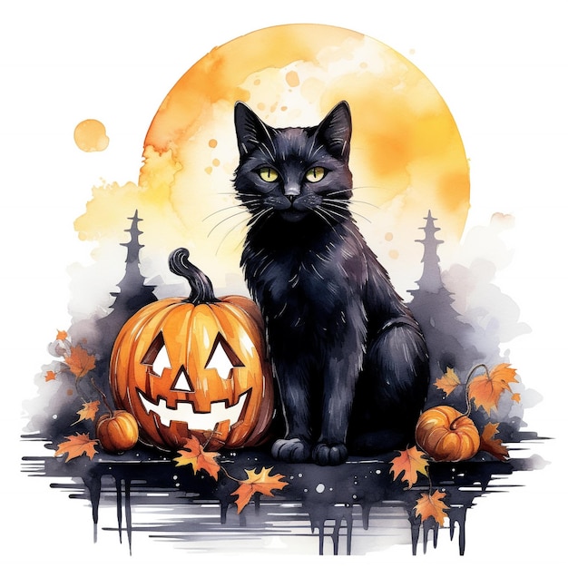 Halloween Zwarte Kat en Pompoenen